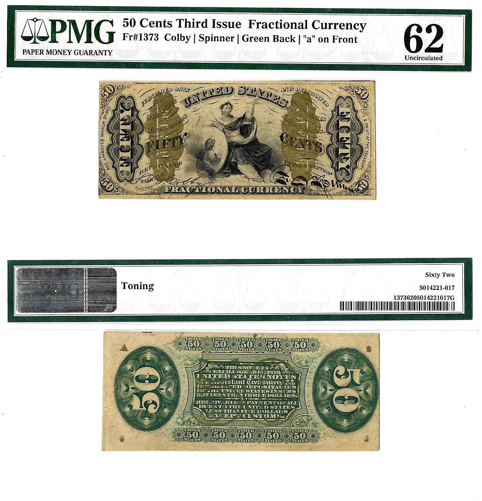 50 Cents Third Issue Fractional Currency Fr. 1373 PMG UNC 62