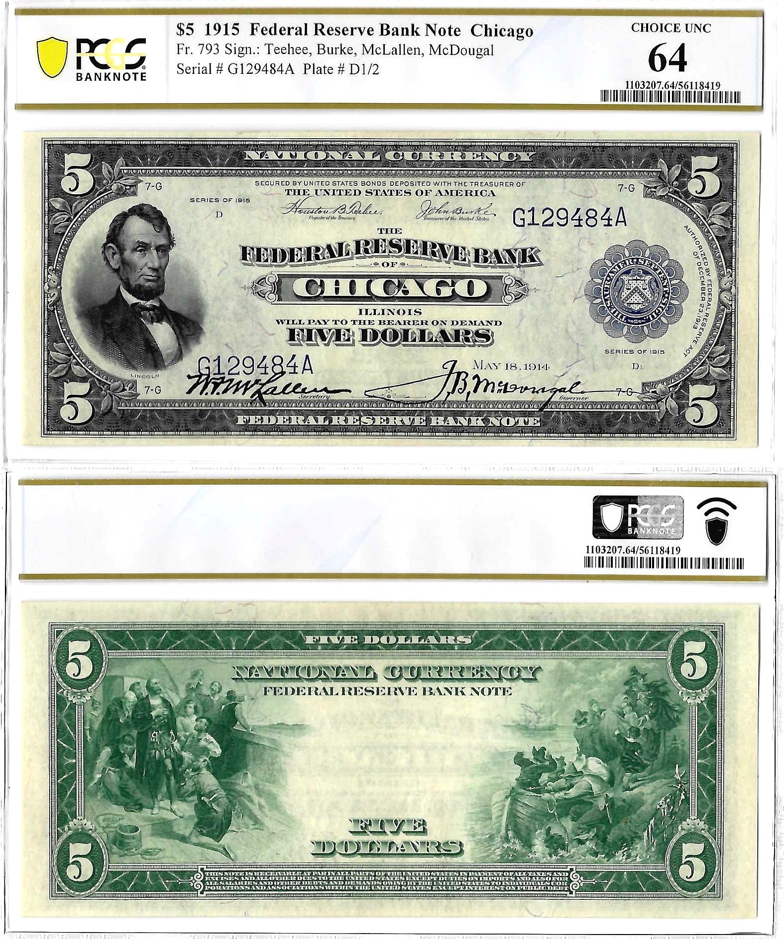 1915 $5 Chicago District Federal Reserve Bank Note Fr. 793 PCGS Choice UNC 64