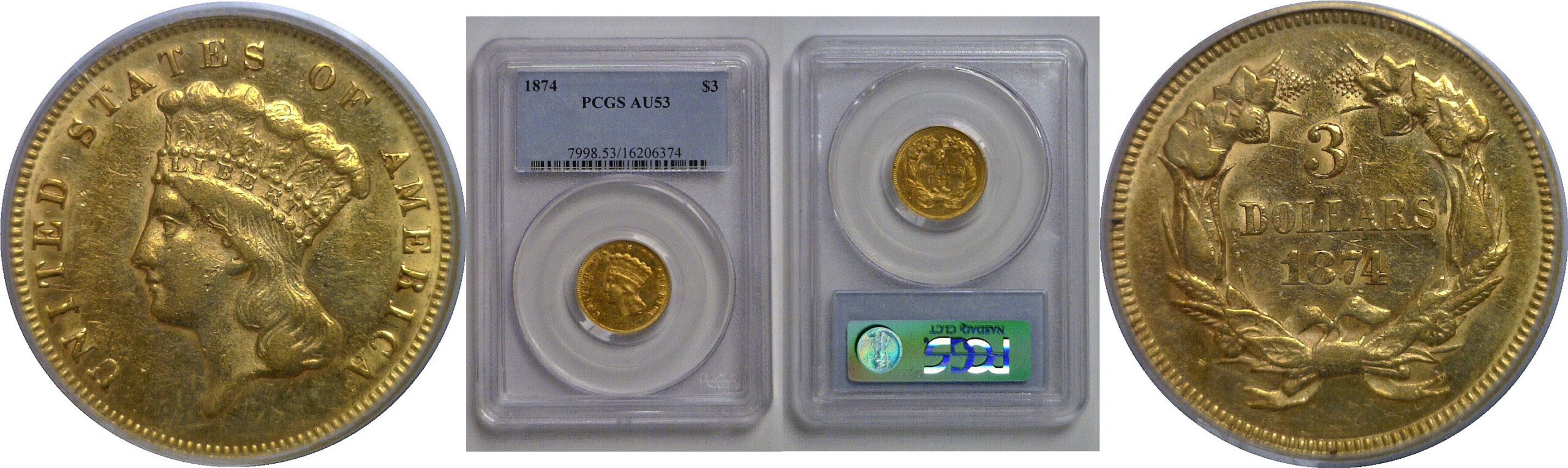 1874 $3 Princess   PCGS AU-53