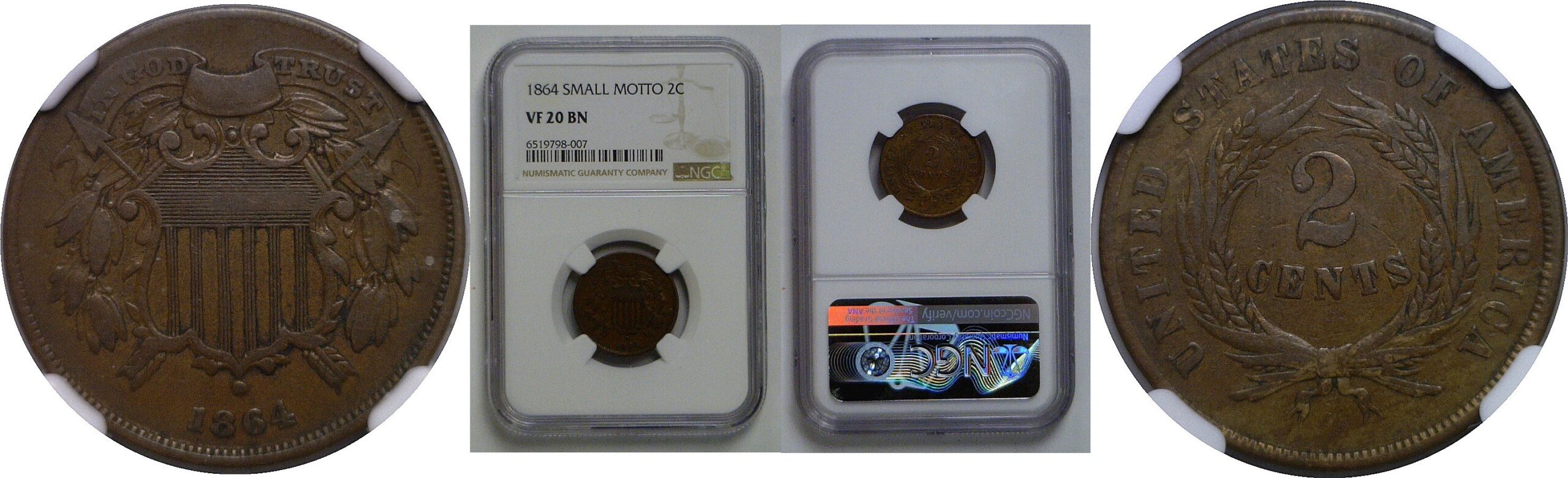 1864 Small Motto   Two Cent Piece   NGC VF-20