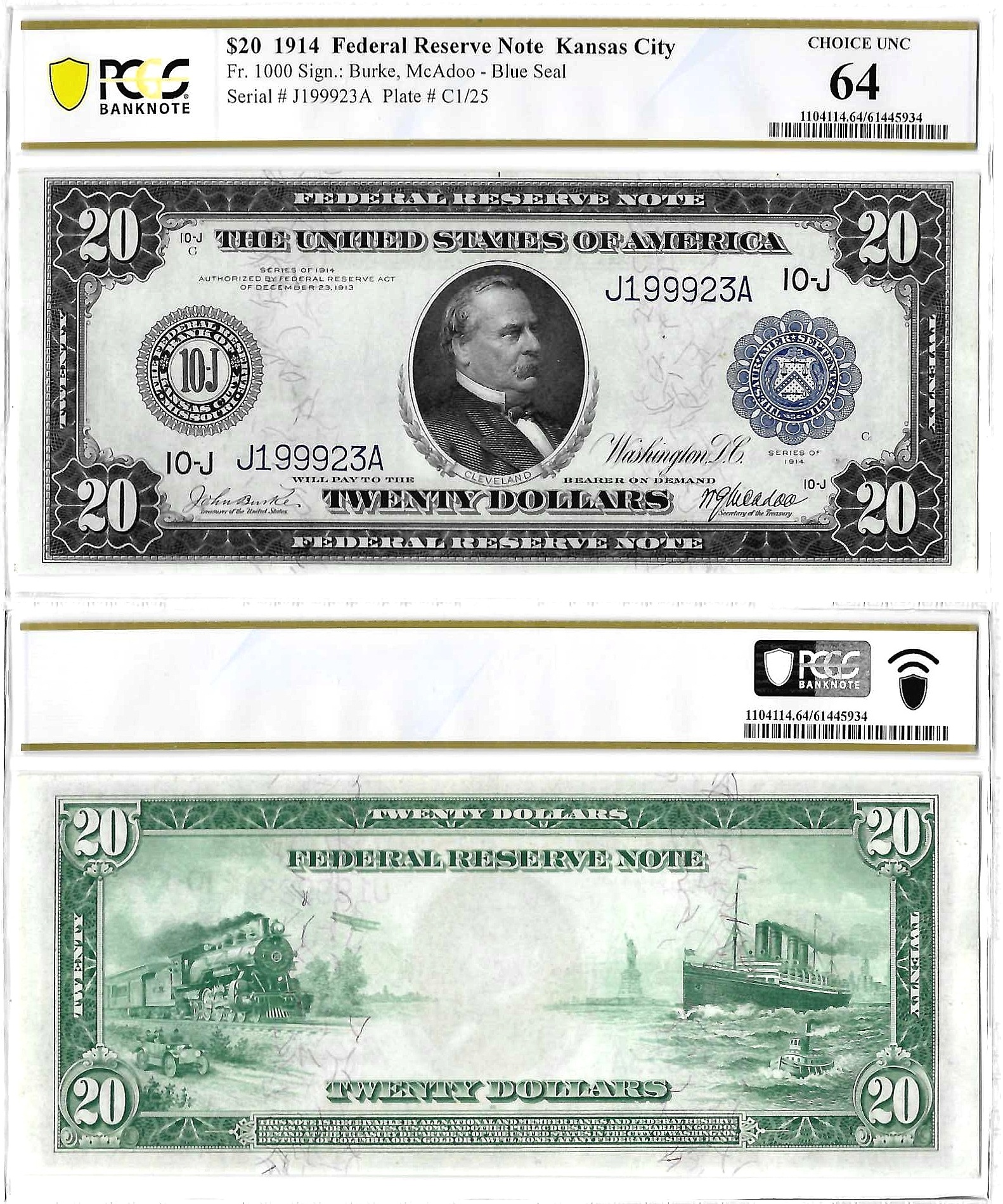 1914 $20 Kansas City District Federal Reserve Note Fr. 1000 PCGS Choice UNC 64