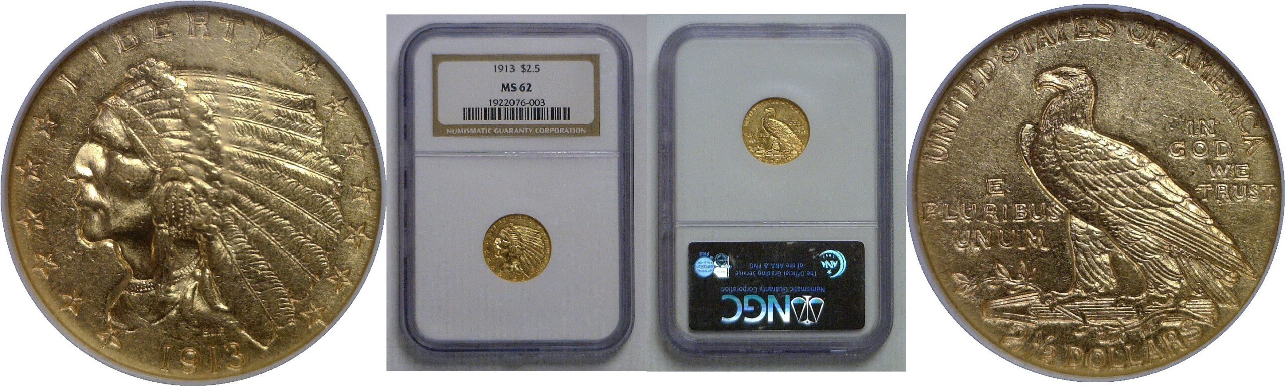 1913 $2 1/2 Indian   NGC MS-62
