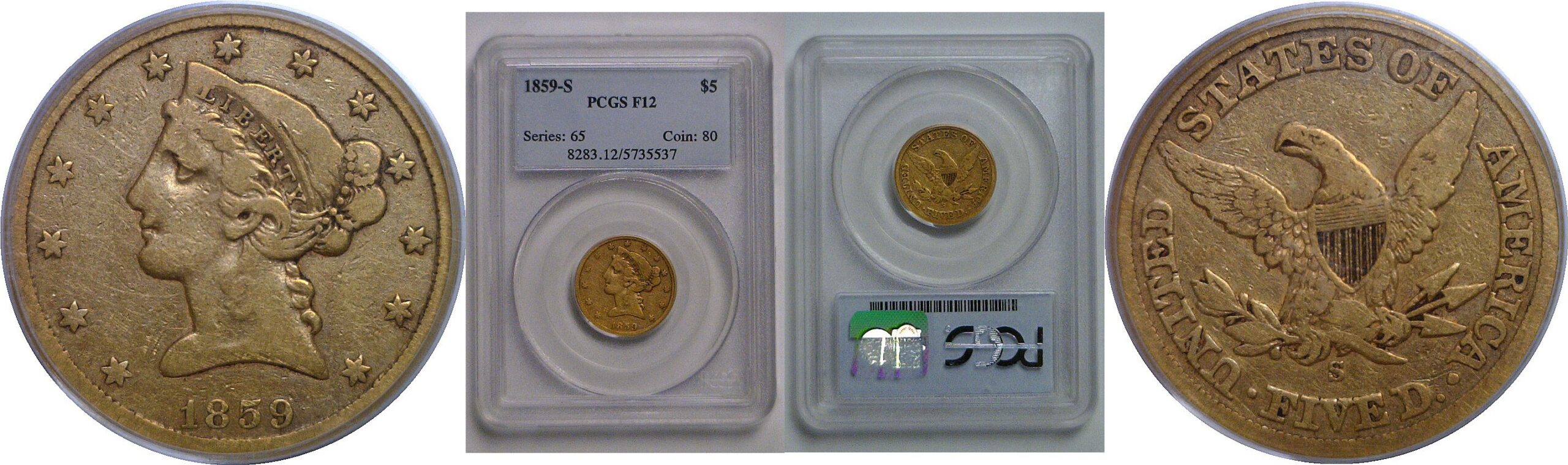 1859-S $5 Liberty   PCGS F-12