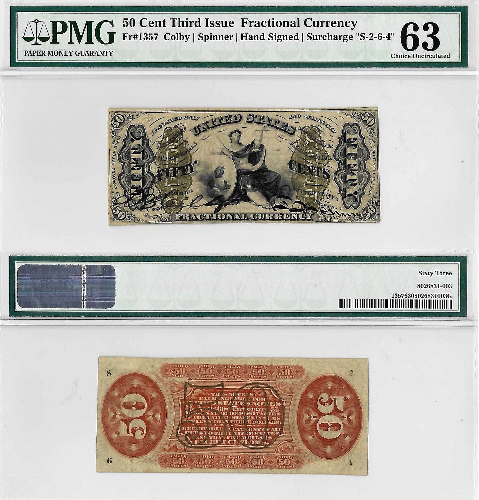 50 Cents Third Issue Fractional Currency Fr. 1357 PMG Choice UNC 63