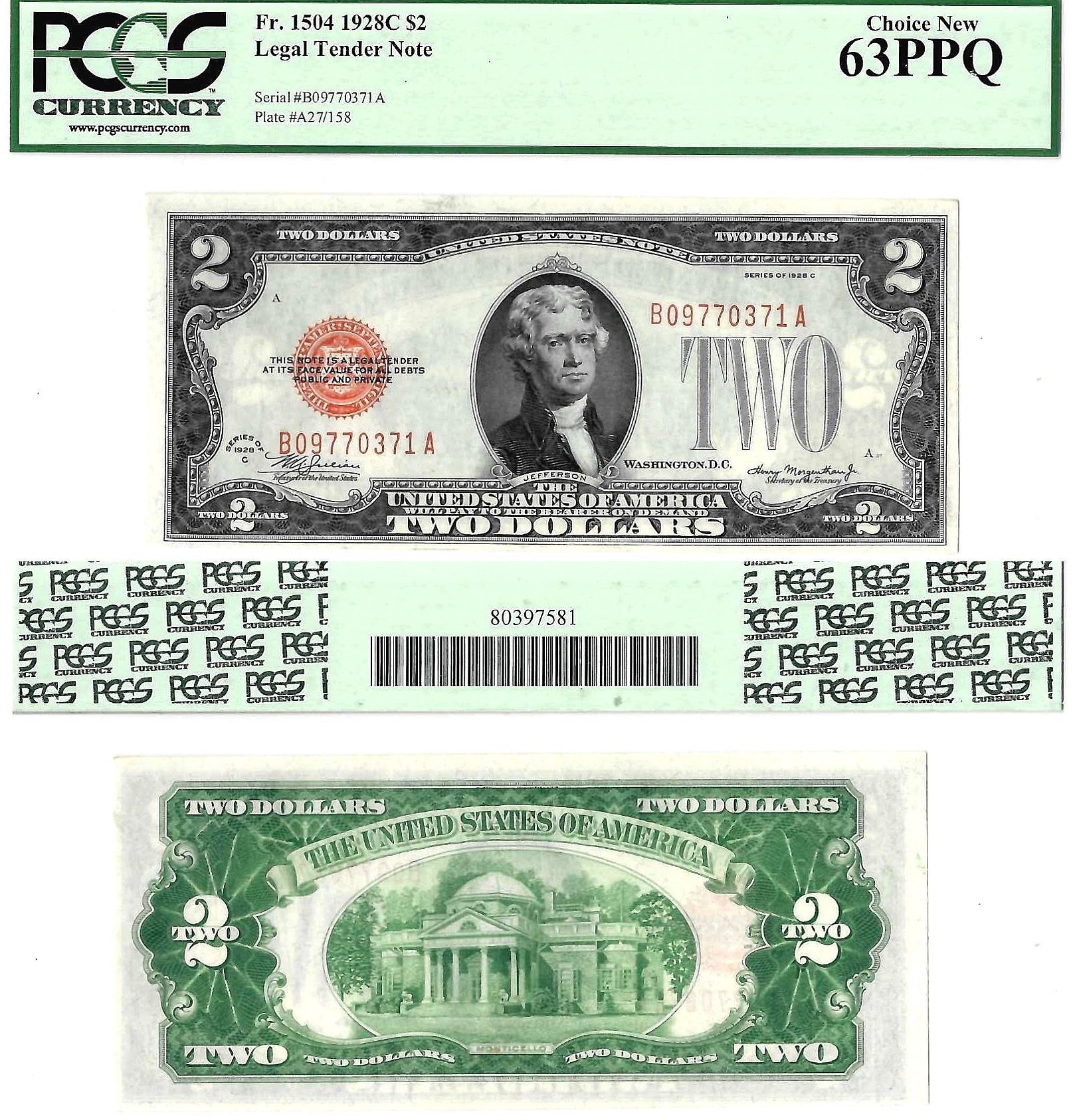 1928-C $2 Legal Tender Note Fr. 1504 PCGS Choice New 63 PPQ