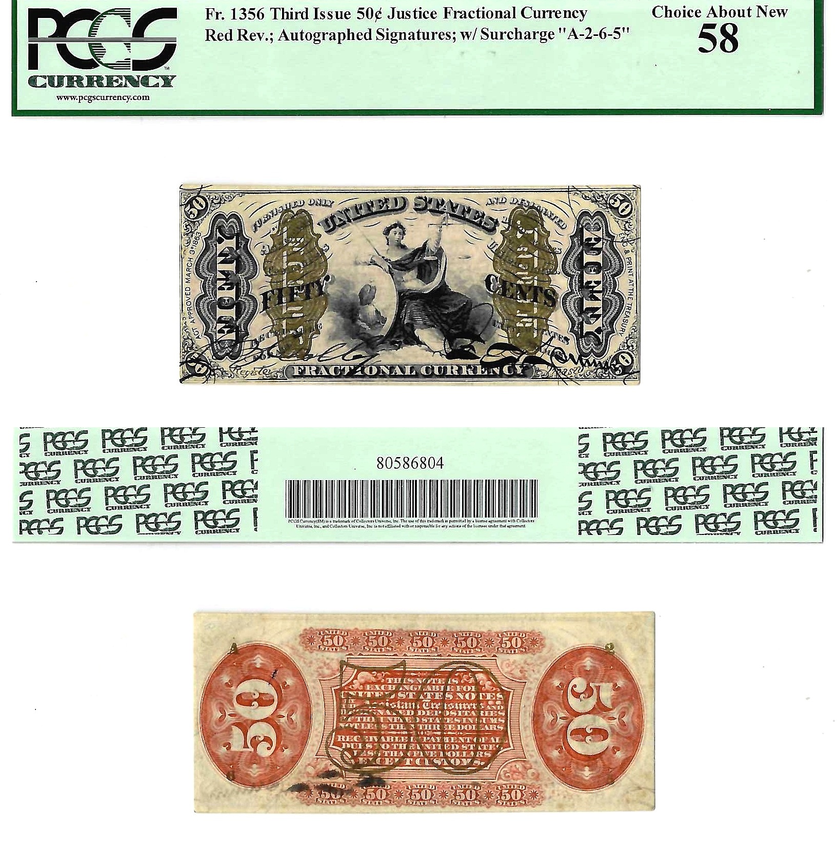 50 Cents Third Issue Fractional Currency Fr. 1356 PCGS Choice AU 58