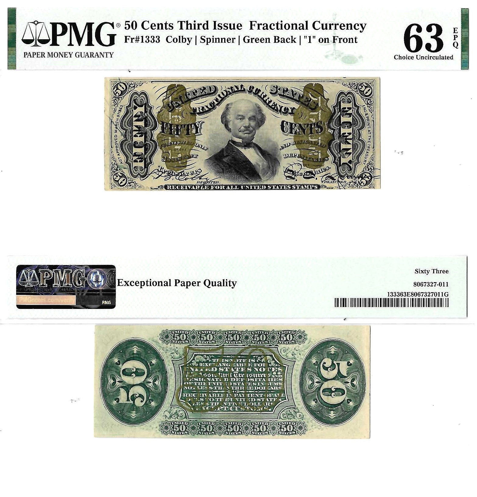 50 Cents Third Issue Fractional Currency Fr. 1333 PMG Choice UNC 63 EPQ