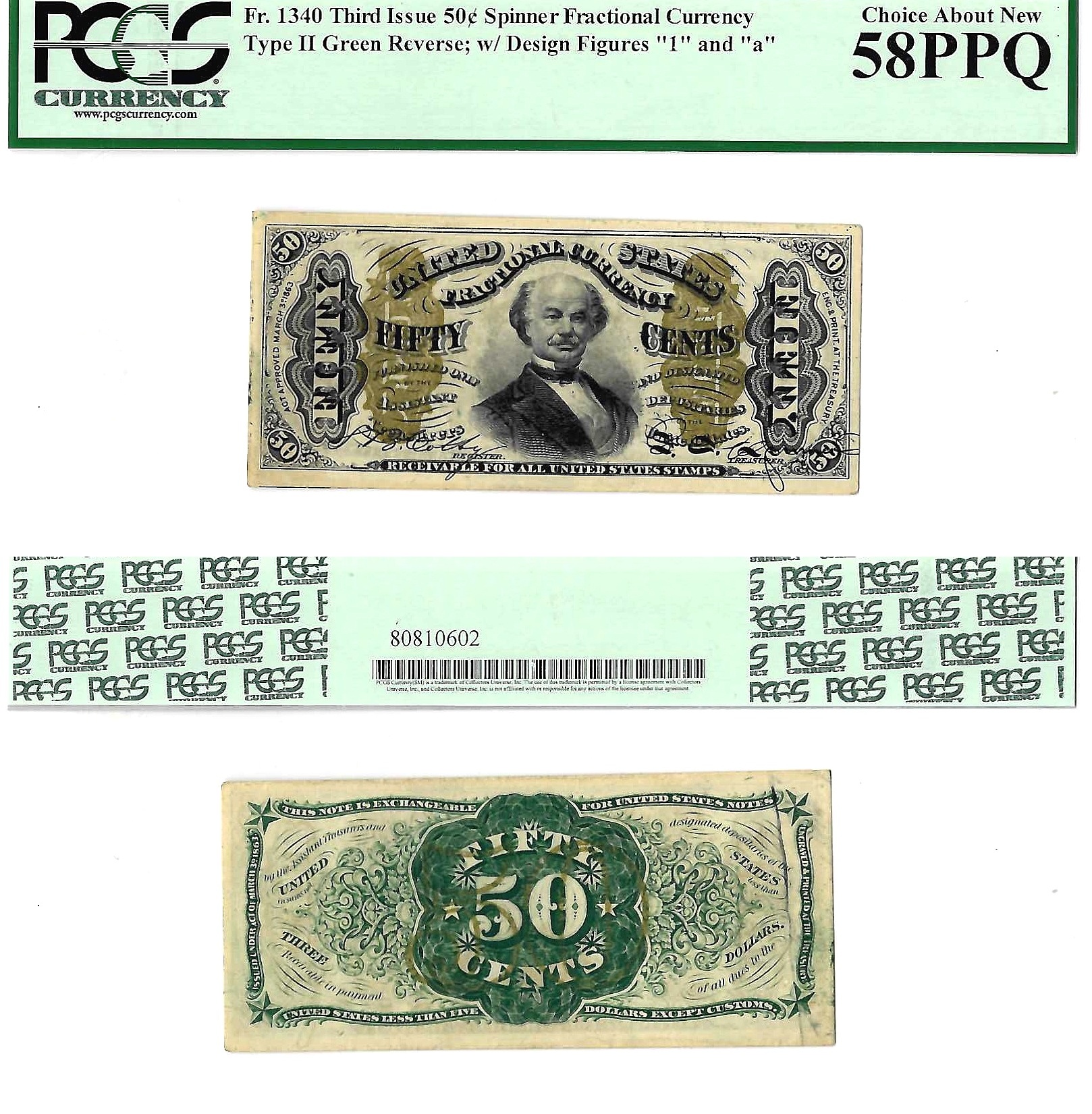 50 Cents Third Issue Fractional Currency Fr. 1340 PCGS Choice AU 58 PPQ