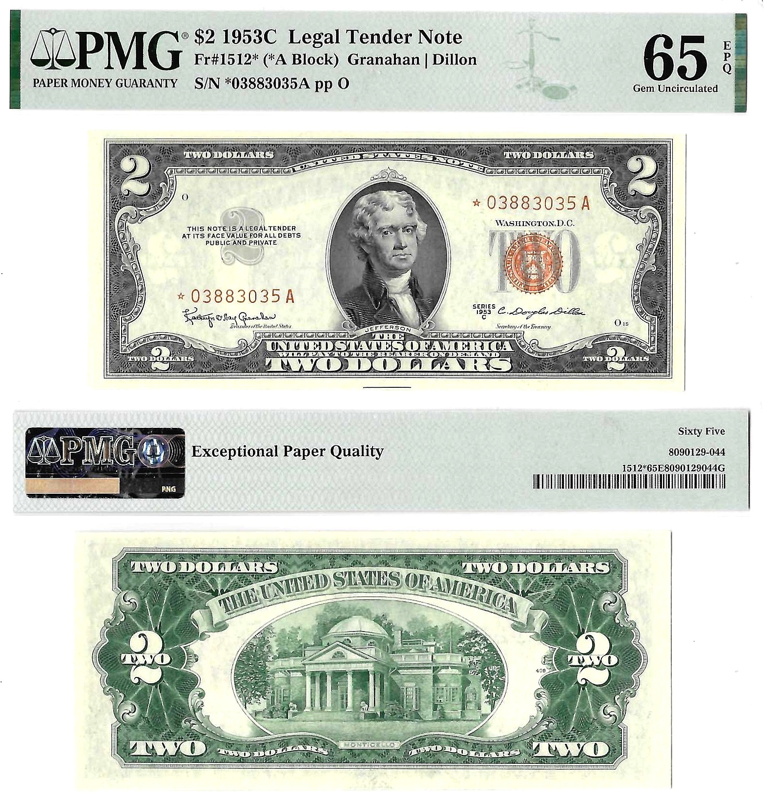 1953-C $2 Legal Tender Star Note Fr. 1512* PMG Gem UNC 65 EPQ