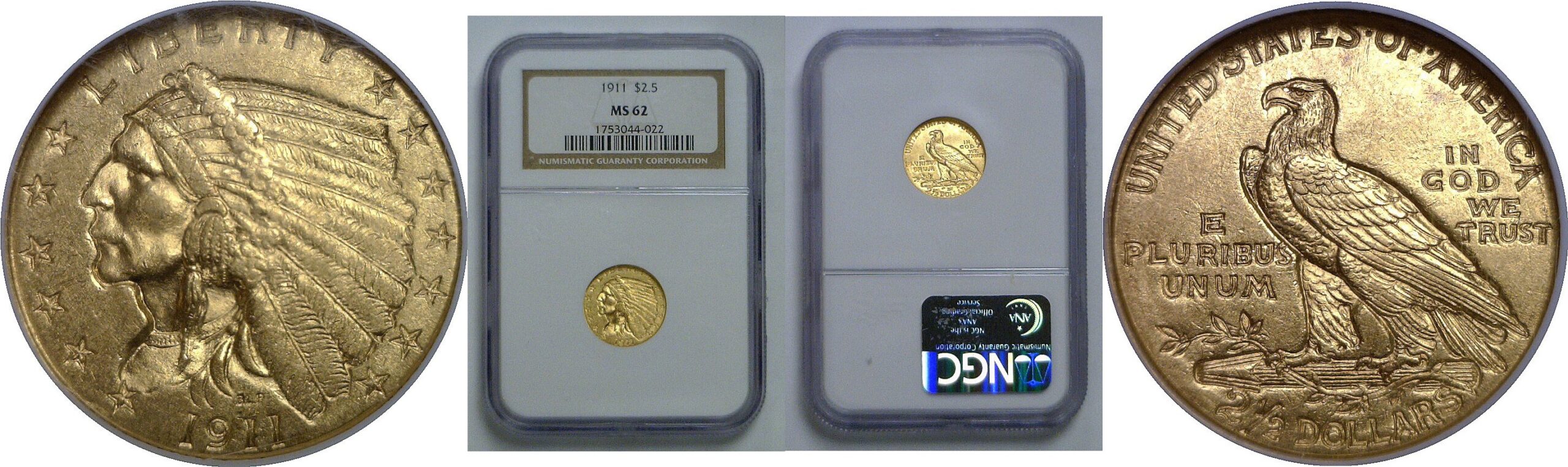 1911 $2 1/2 Indian   NGC MS-62
