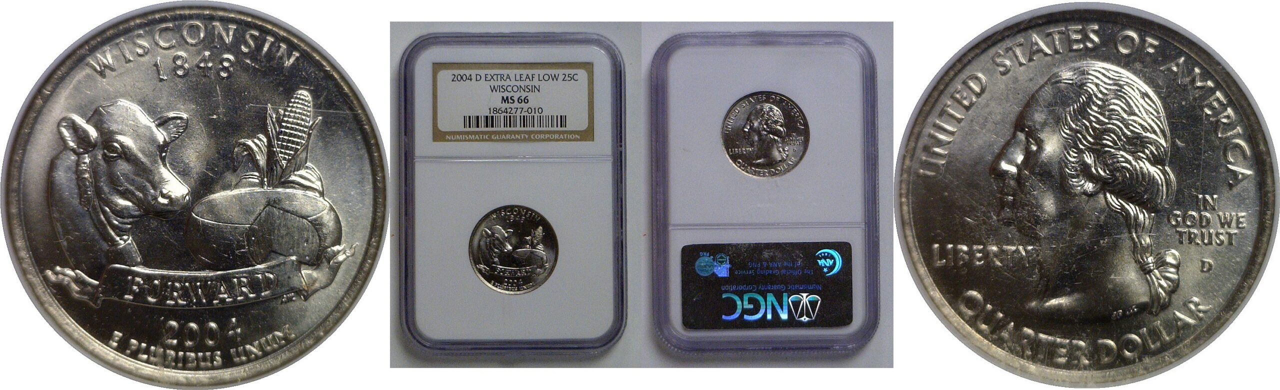 2004-D Extra Leaf Low   Wisconsin Statehood Quarter   NGC MS-66