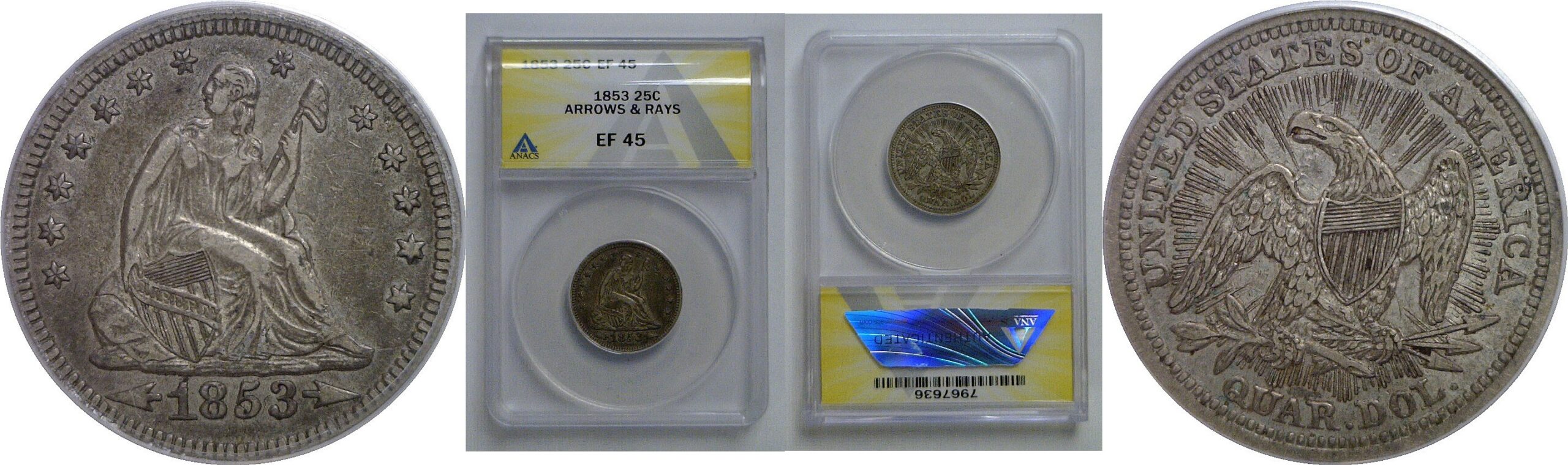 1853 Arrows & Rays   Seated Liberty Quarter   ANACS EF-45