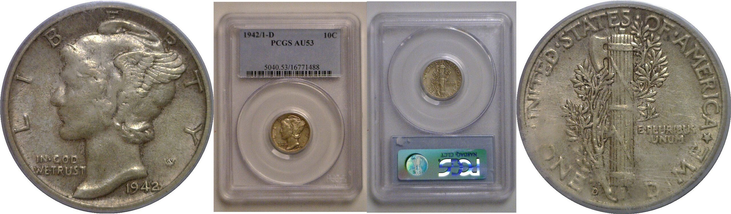1942/1-D Mercury Dime   PCGS AU-53