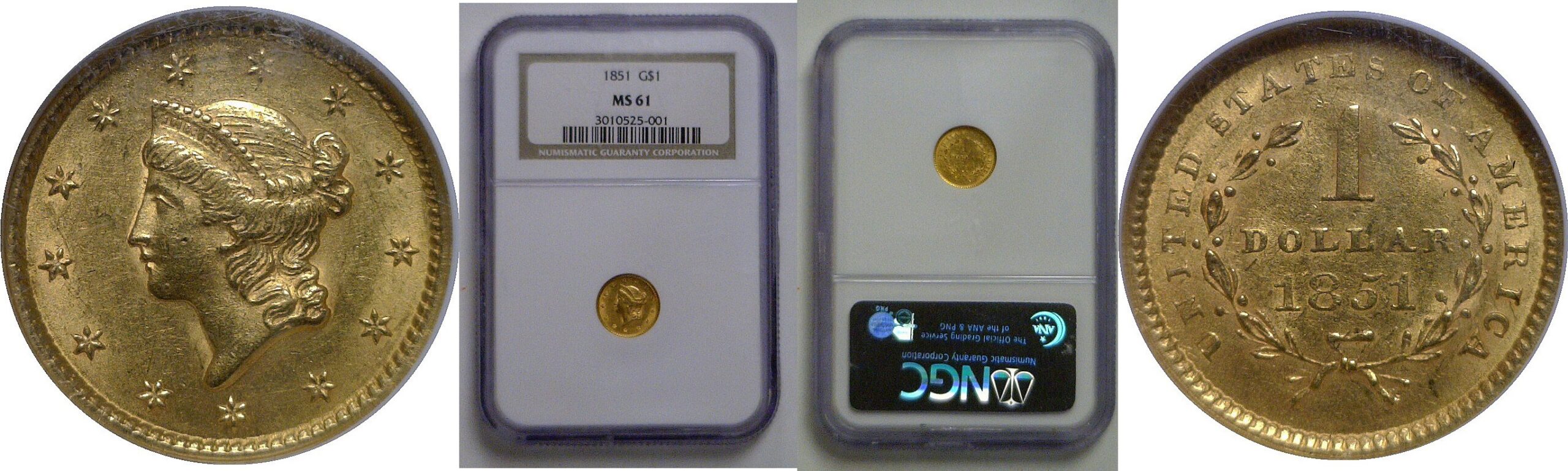 1851 One Dollar Gold Coins   NGC MS-61