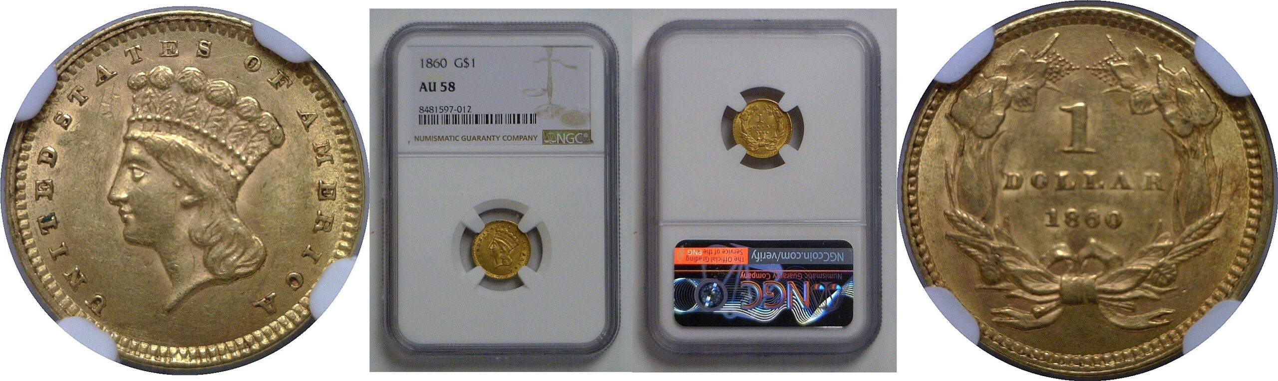 1860 One Dollar Gold Coin   NGC AU-58