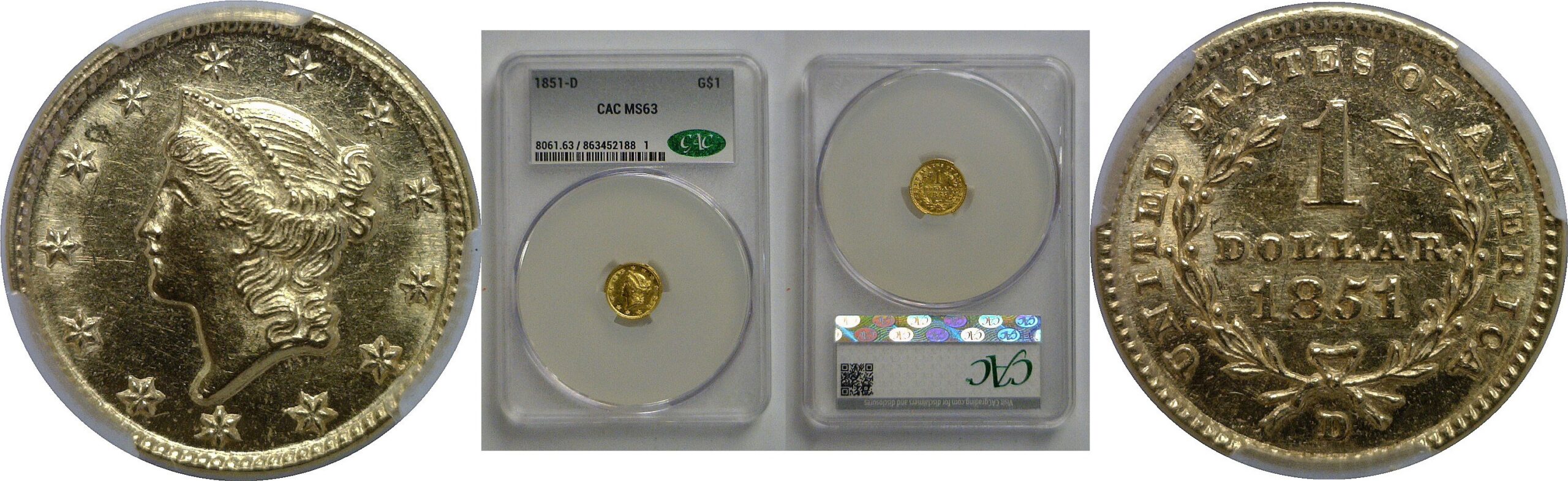 1851-D One Dollar Gold Coin   CACG MS-63