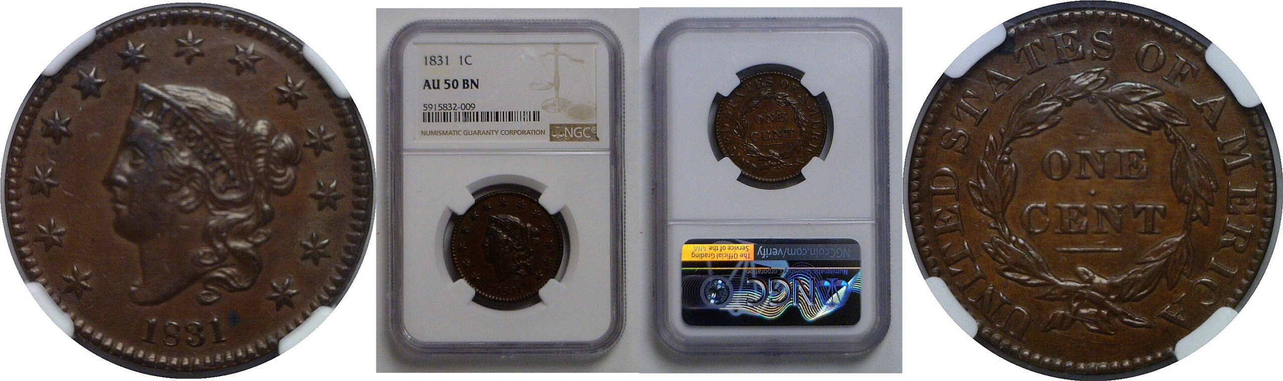 1831 Medium Letters   Large Cent   NGC AU-50