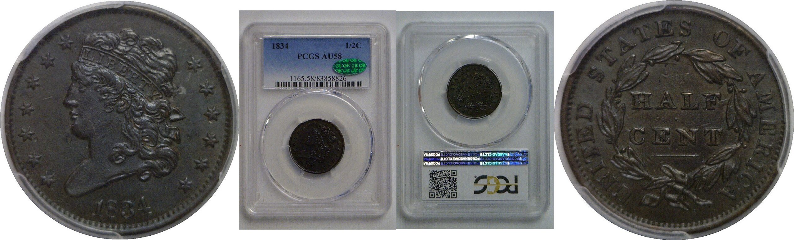1834 Half Cent   PCGS AU-58  CAC