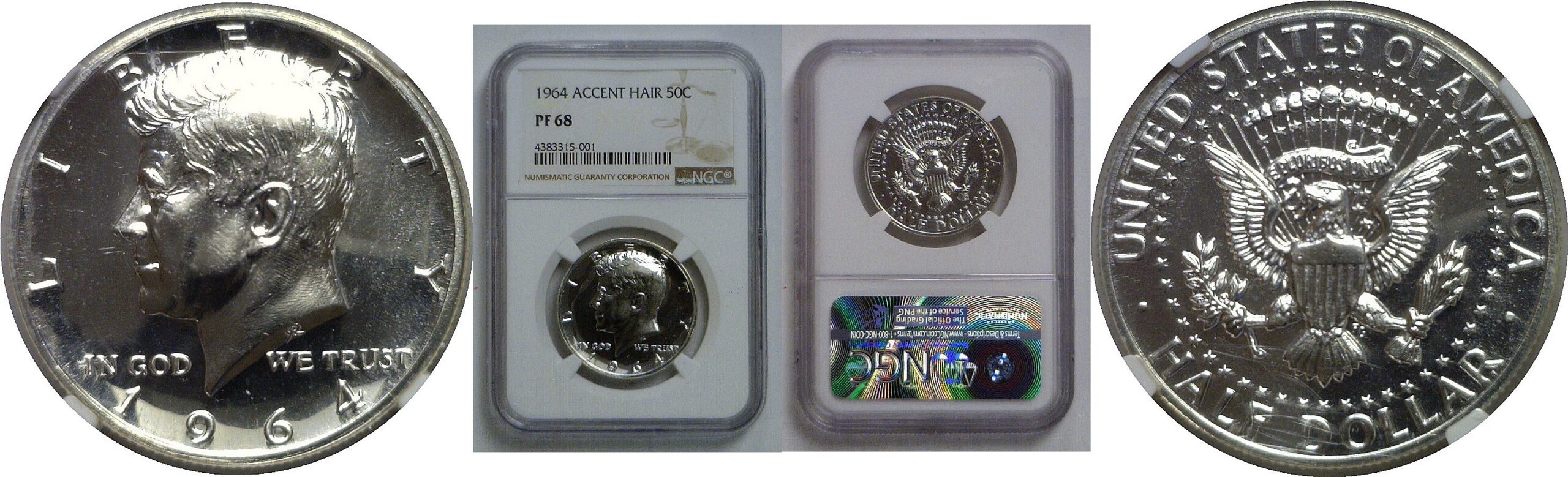 1964 Accent Hair   Kennedy Half Dollar   NGC PF-68