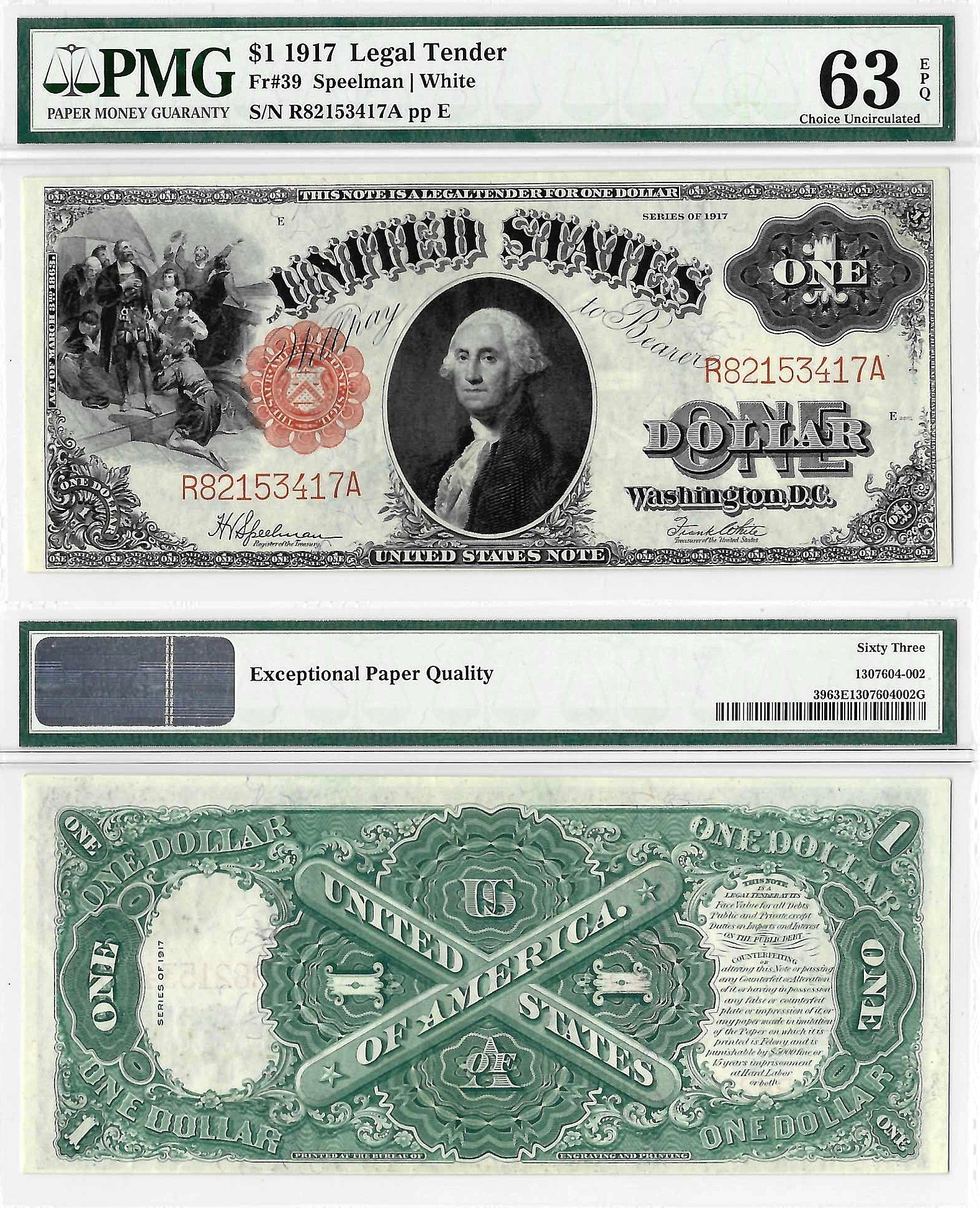 1917 $1 Legal Tender Fr. 39 PMG Choice UNC 63 EPQ