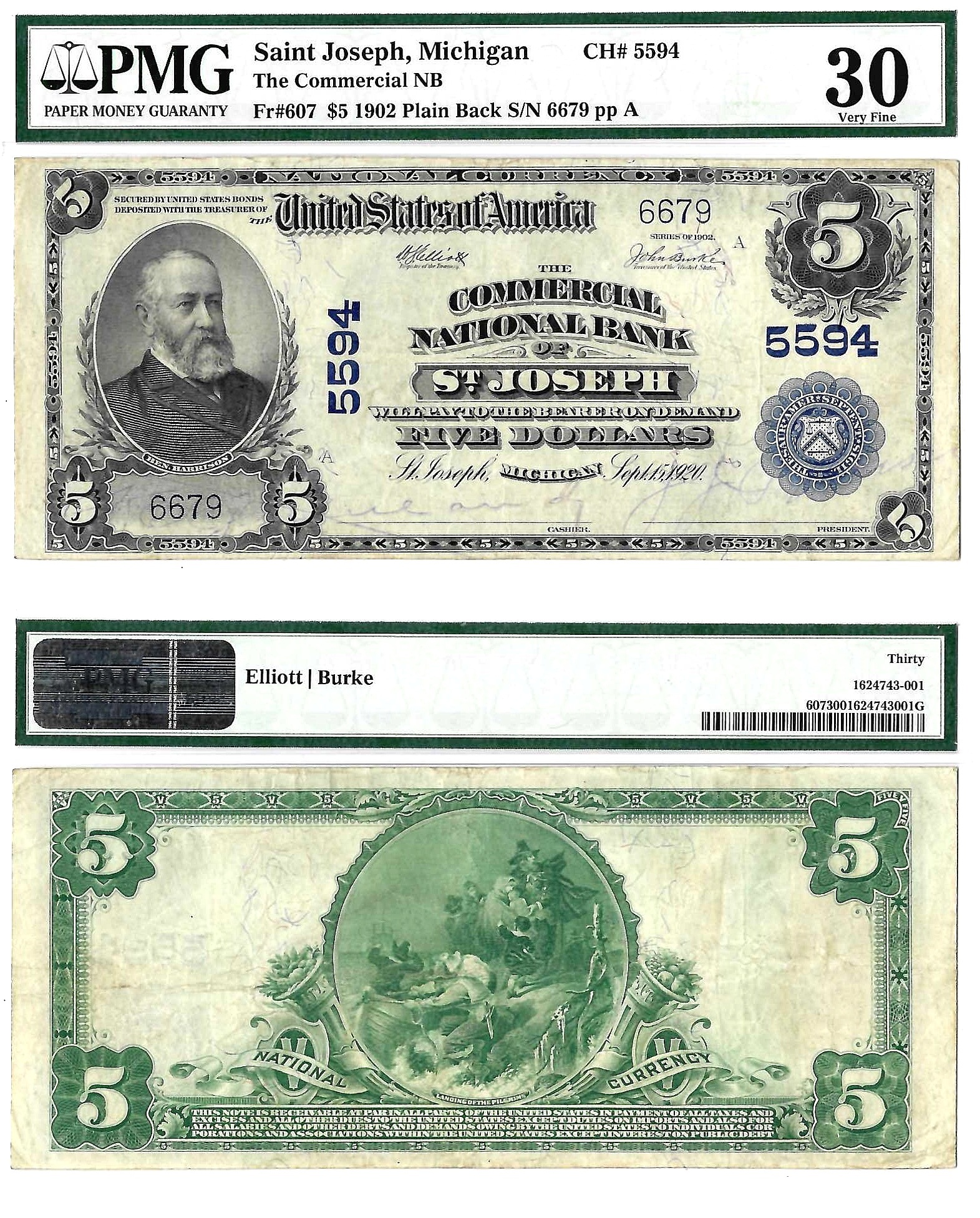 1902 $5 Commercial National Bank Of St. Joseph, Michigan Charter# 5594 PMG VF 30