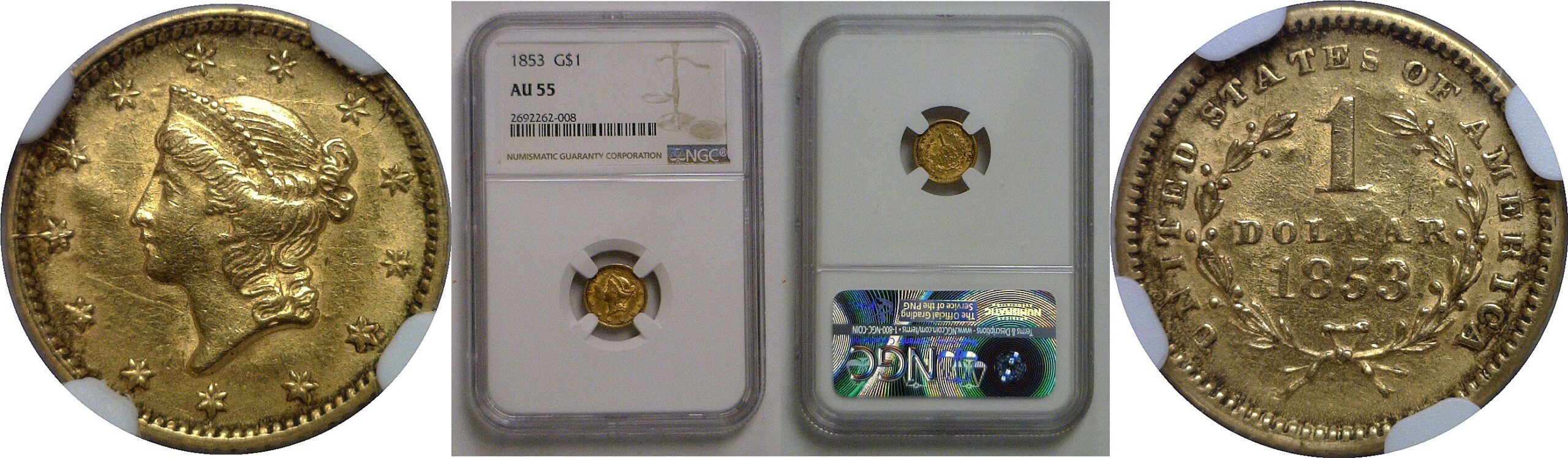 1853 One Dollar Gold Coin   NGC AU-55