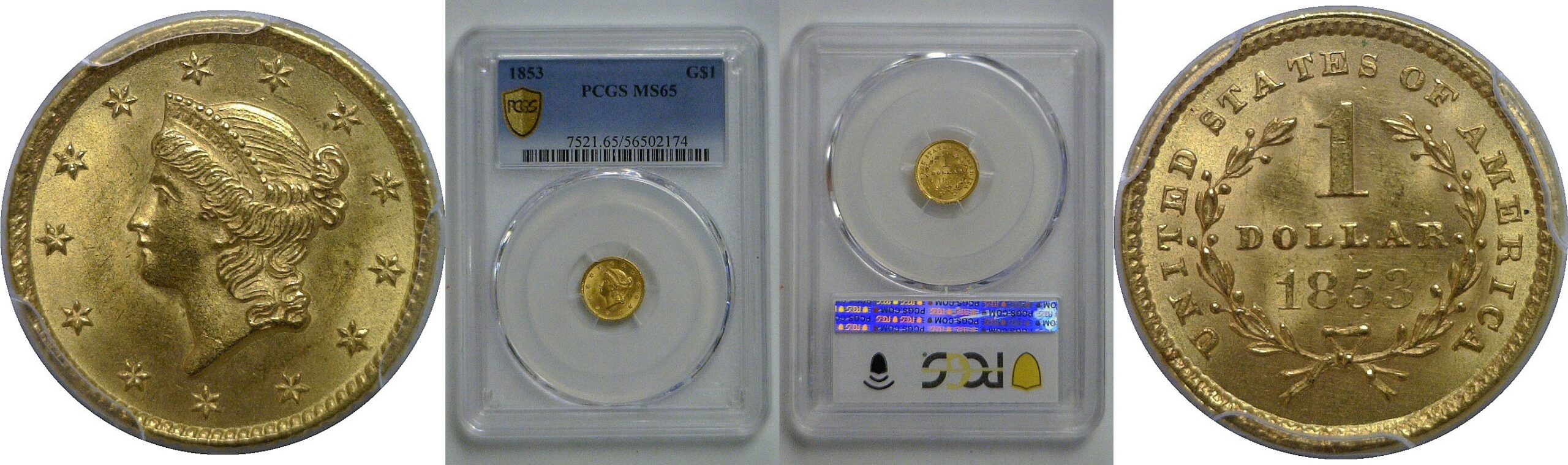 1853 One Dollar Gold Coin   PCGS MS-65