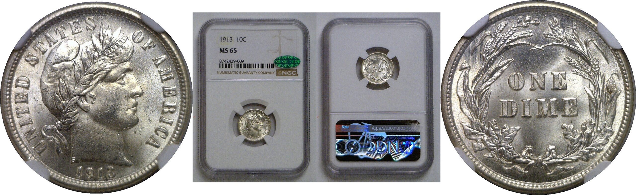 1913 Barber Dime   NGC MS-65  CAC