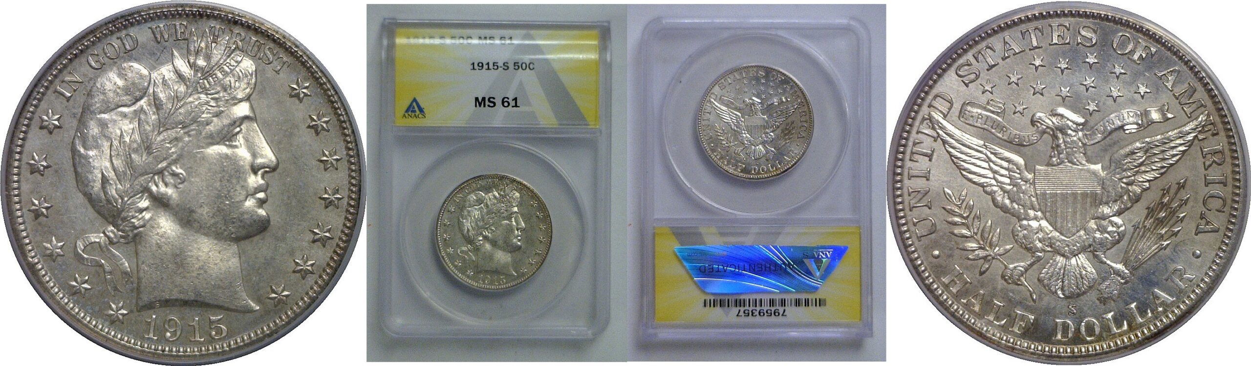 1915-S Barber Half Dollar   ANACS MS-61