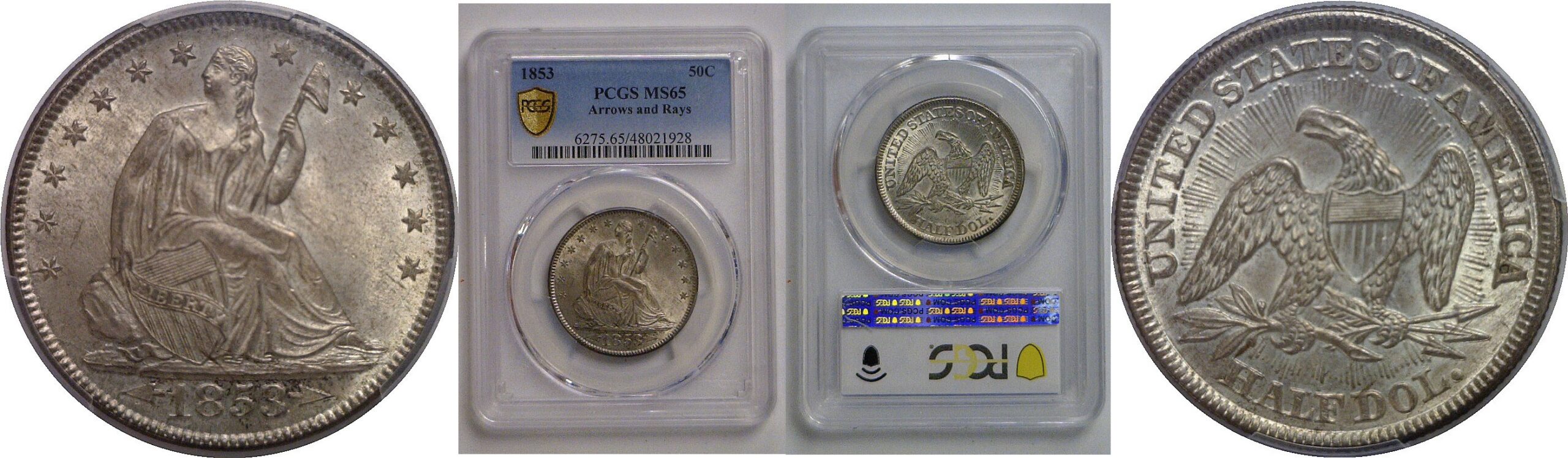 1853 Arrows & Rays   Seated Liberty Half Dollar   PCGS MS-65