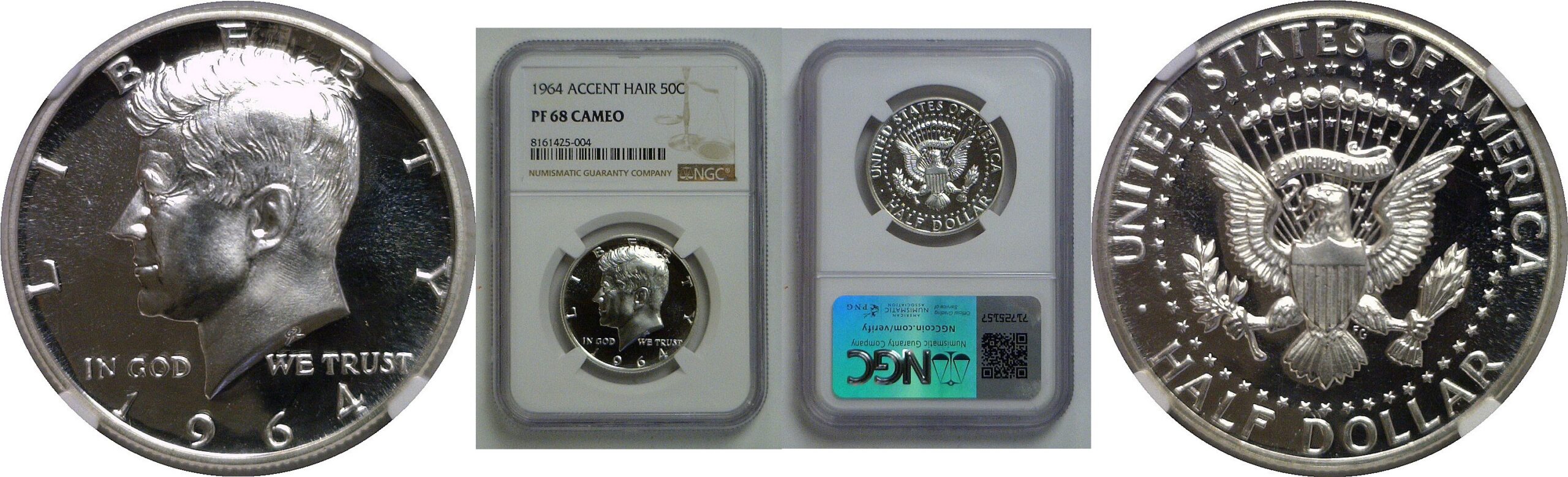 1964 Accent Hair   Kennedy Half Dollar   NGC PF-68 Cameo