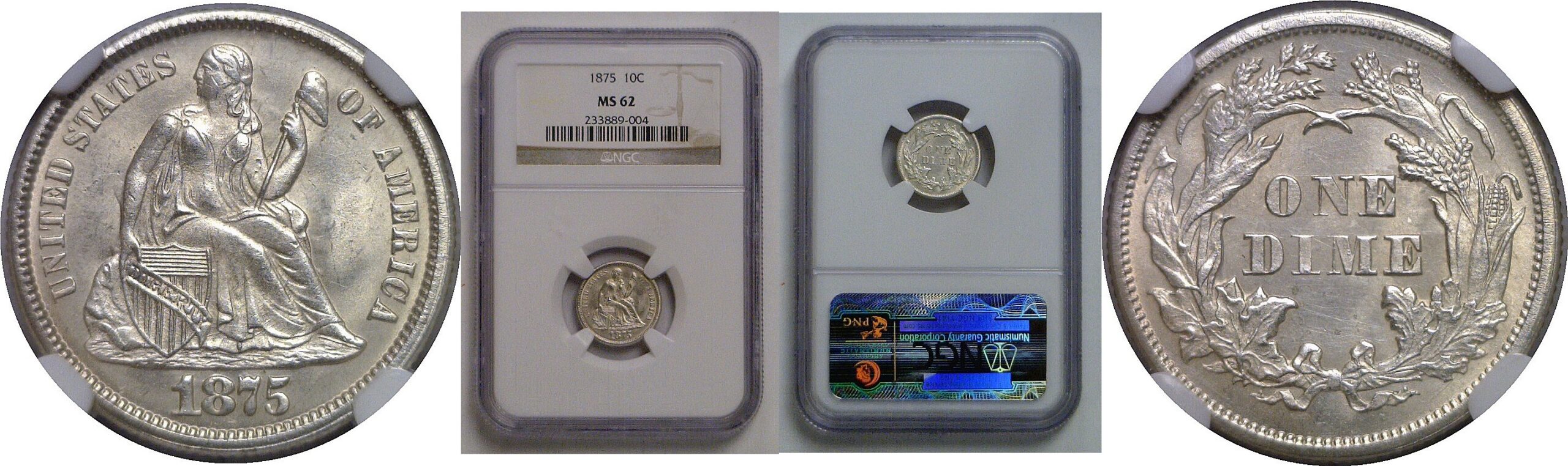 1875 Seated Liberty Dime   NGC MS-62