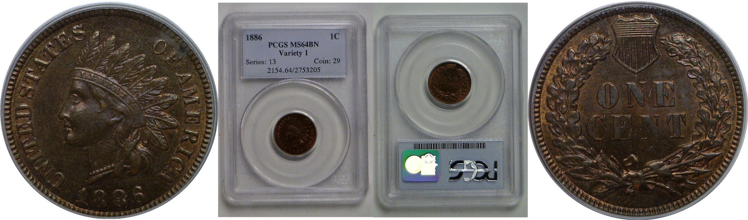 1886 Type 1   Indian Head Cent   PCGS MS-64 BN