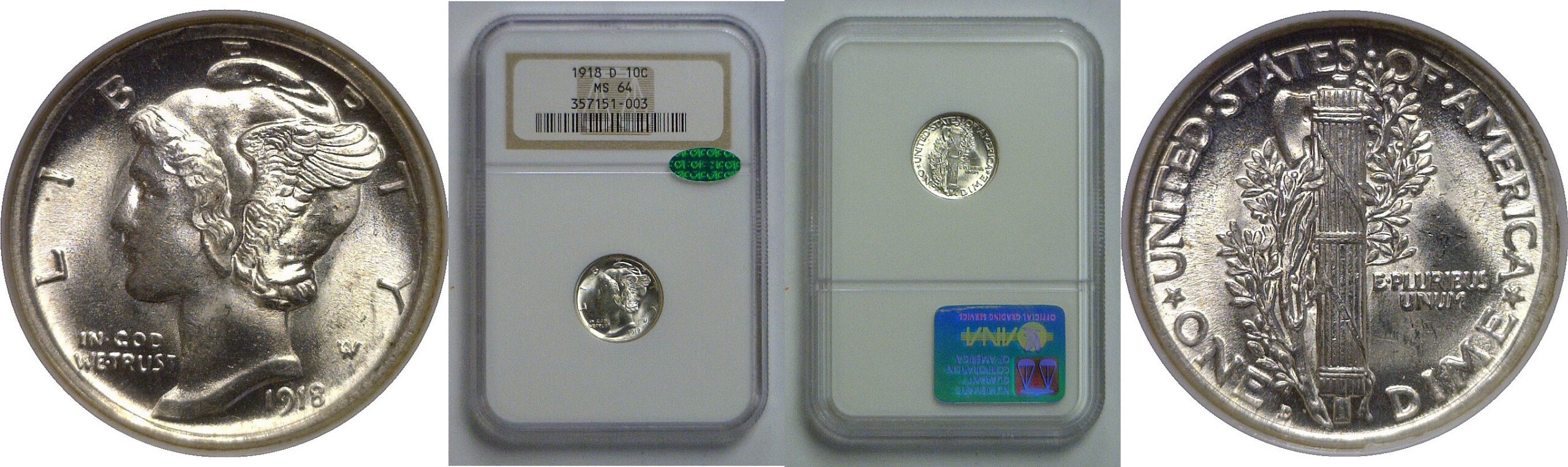 1918-D Mercury Dime   NGC MS-64  CAC