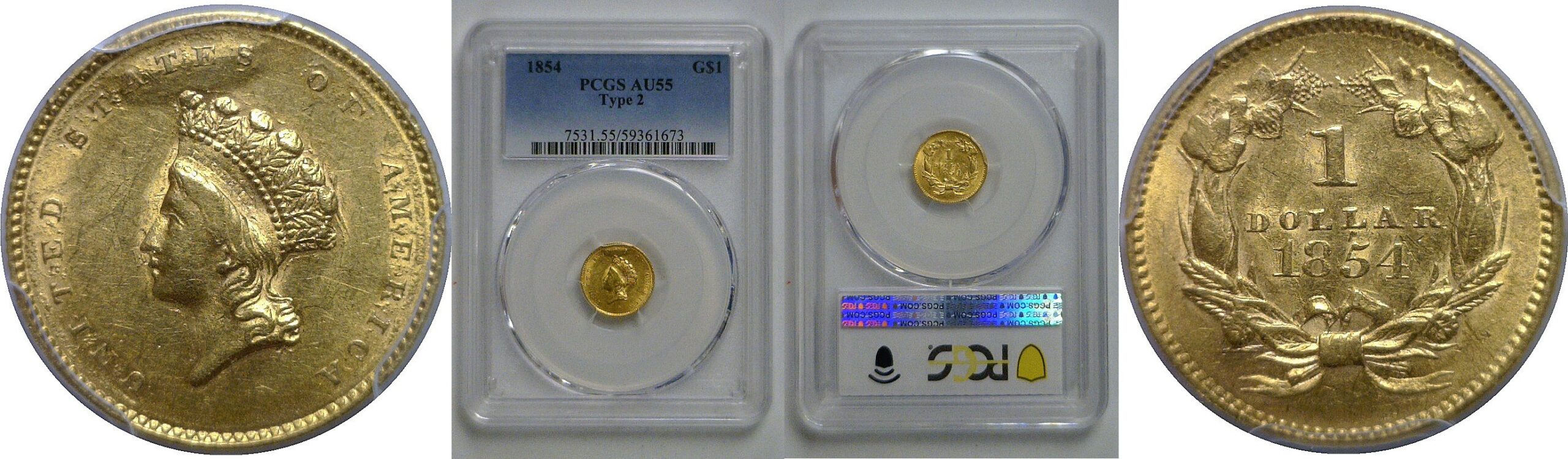 1854 Type 2   One Dollar Gold Coin   PCGS AU-55