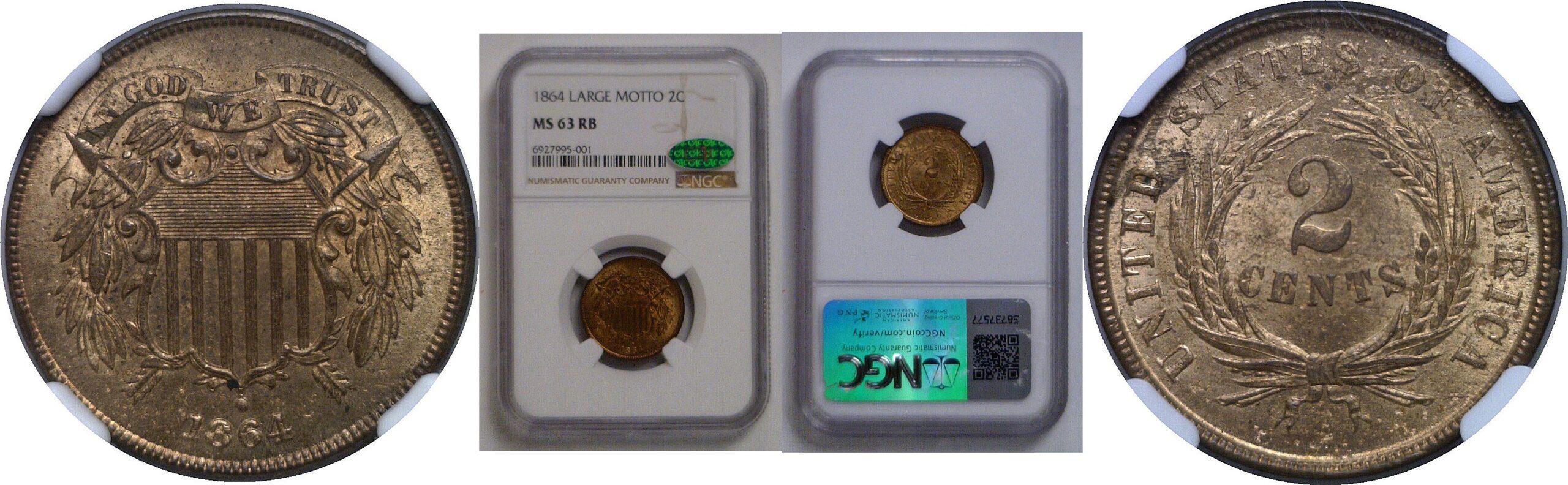 1864 Large Motto   Two Cent Piece   NGC MS-63 RB  CAC