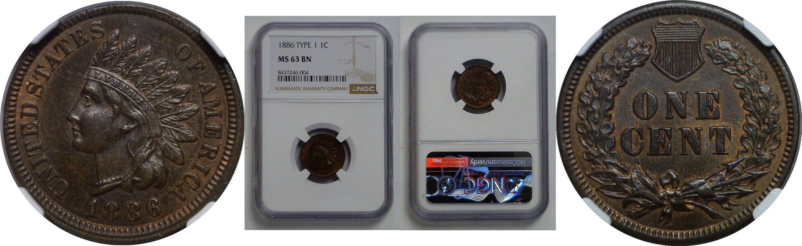 1886 T-1  Indian Head Cent   NGC MS-63 BN