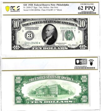 1928 $10 Philadelphia District Federal Reserve Star Note Fr. 2000-C* PCGS UNC 62 PPQ