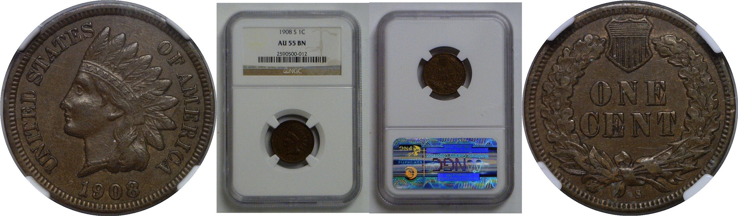 1908-S Indian Head Cent   NGC AU-55