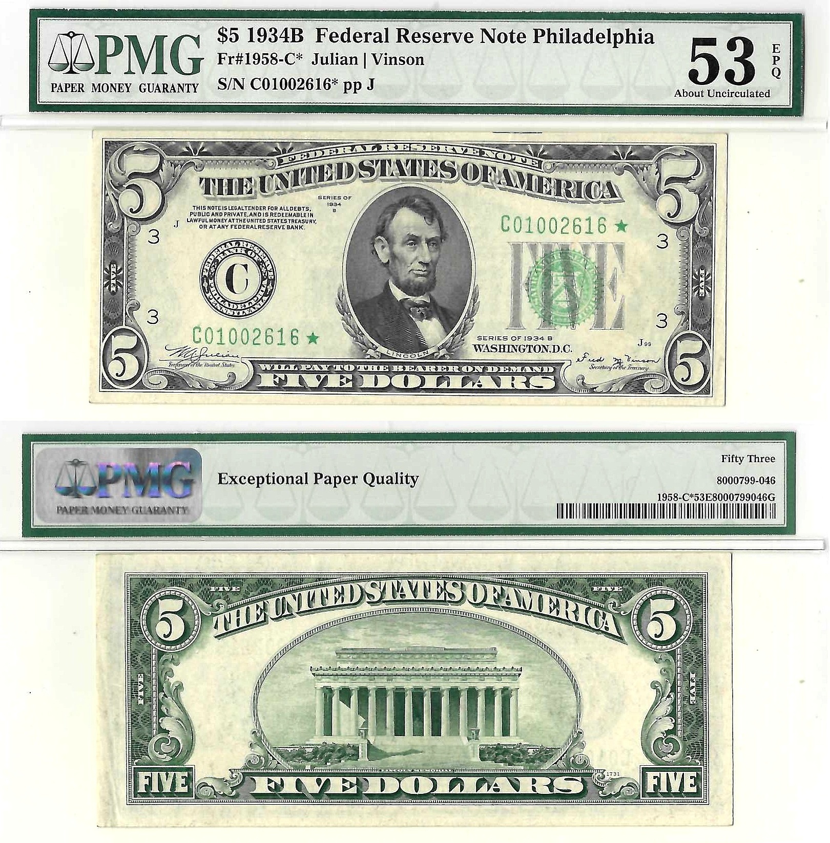 1934-B $5 Philadelphia District Federal Reserve Star Note Fr. 1958-C* PMG AU 53 EPQ