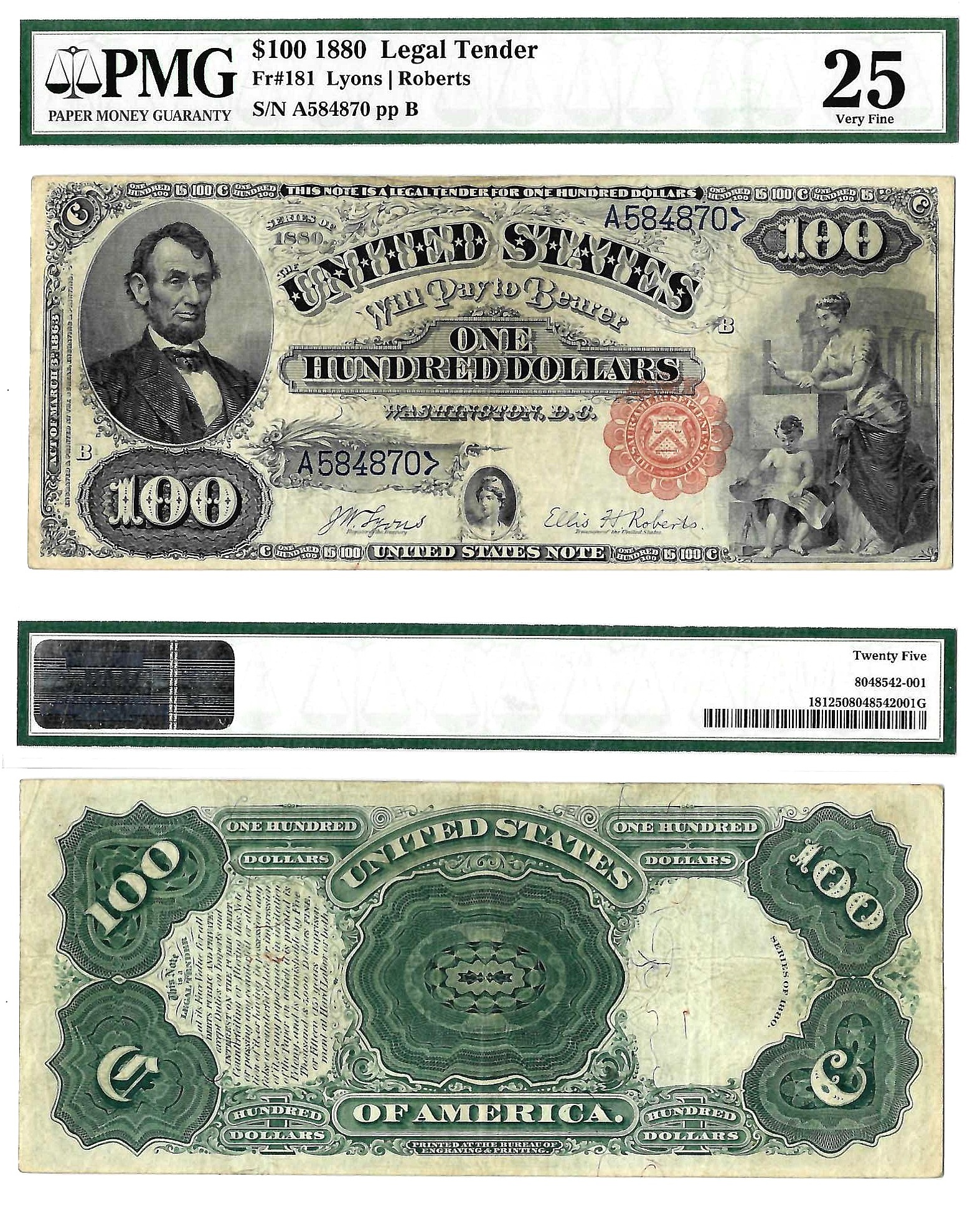 1880 $100 Legal Tender Note  Fr#181   PMG VF-25