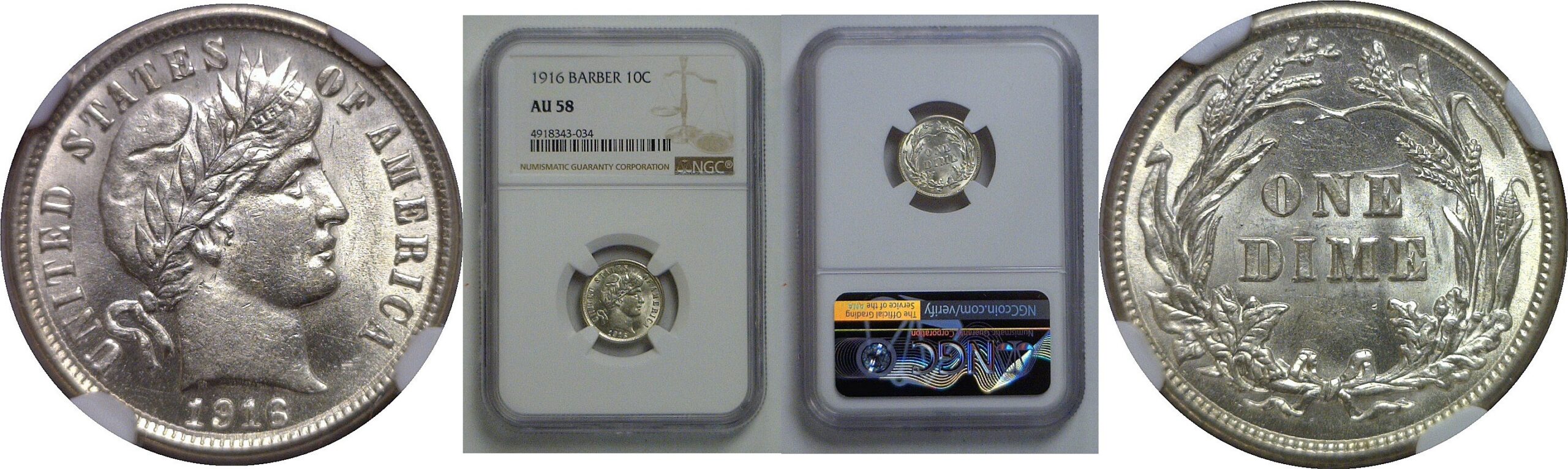 1916 Barber Dime   NGC AU-58
