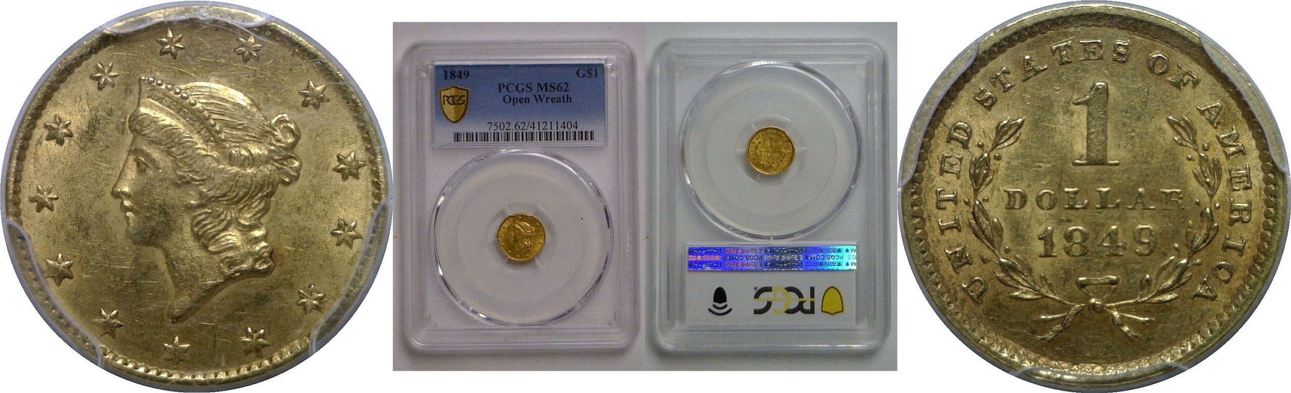 1849 Open Wreath   One Dollar Gold Coin   PCGS MS-62