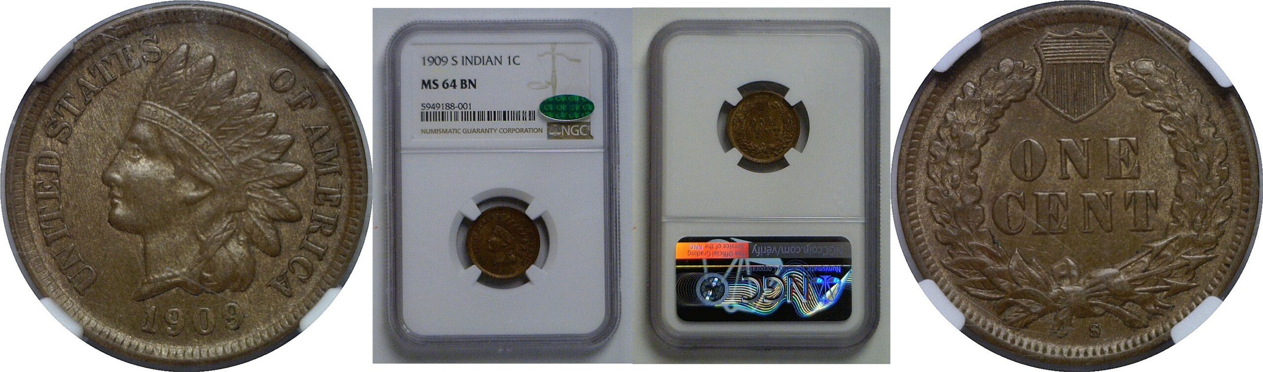 1909-S Indian Head Cent   NGC MS-64 BN  CAC