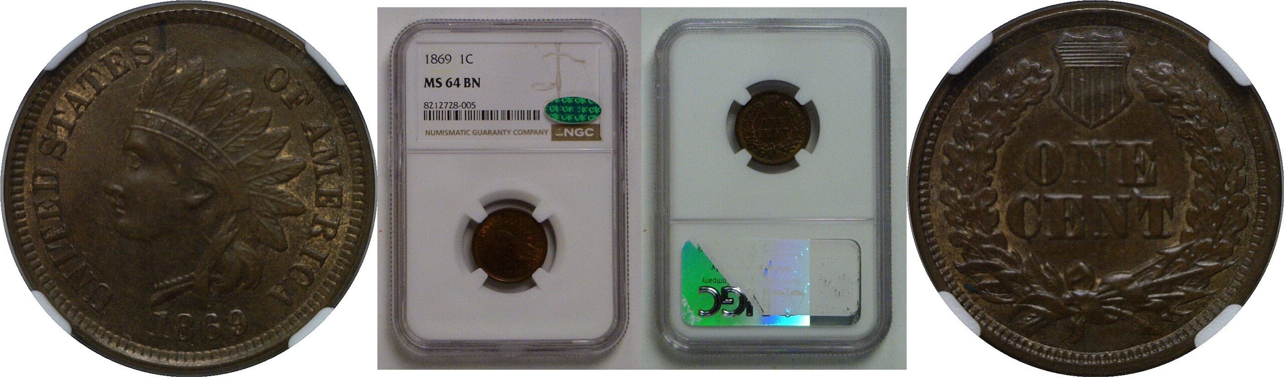 1869 Indian Head Cent   NGC MS-64 BN  CAC