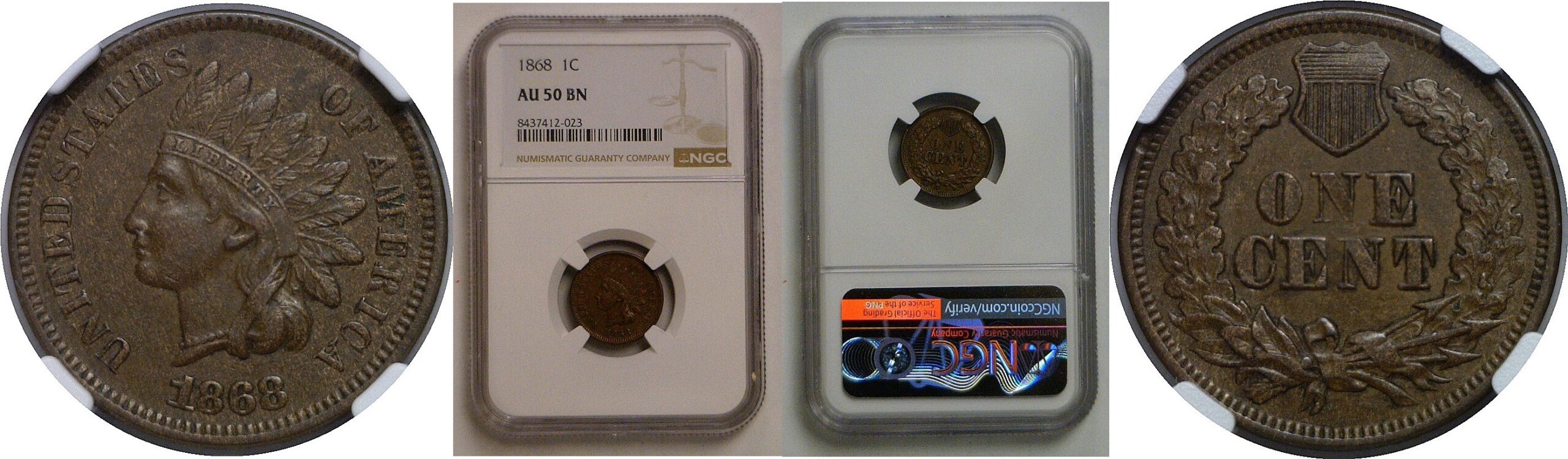 1868 Indian Head Cent   NGC AU-50