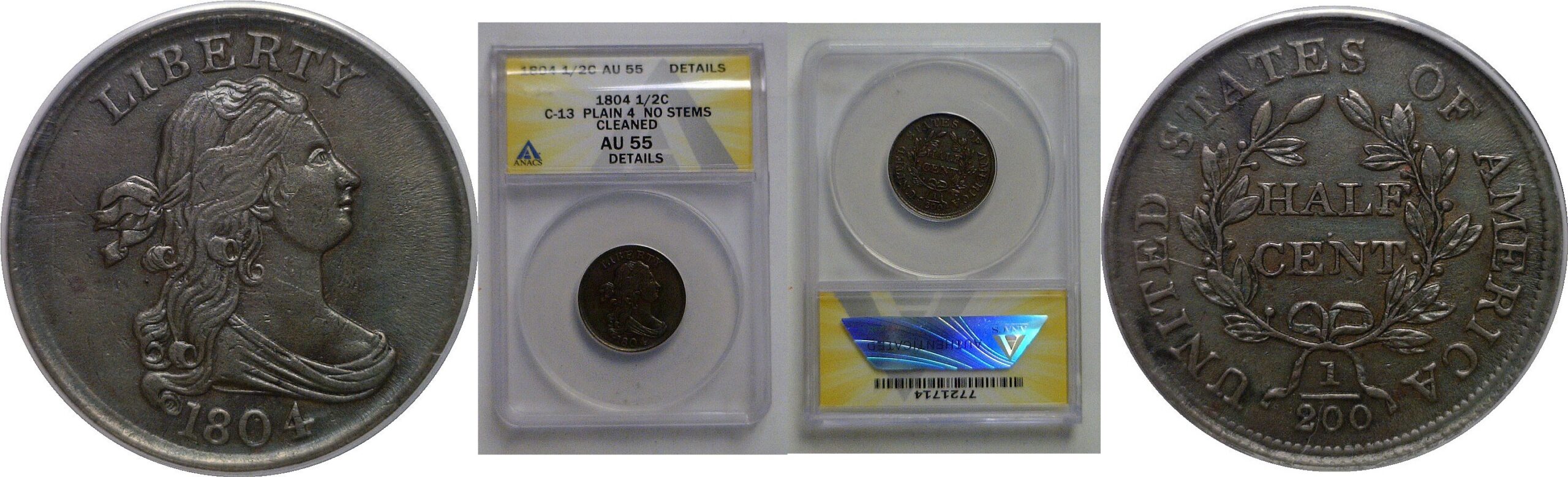 1804 Half Cent   ANACS AU-55 Details, Cleaned