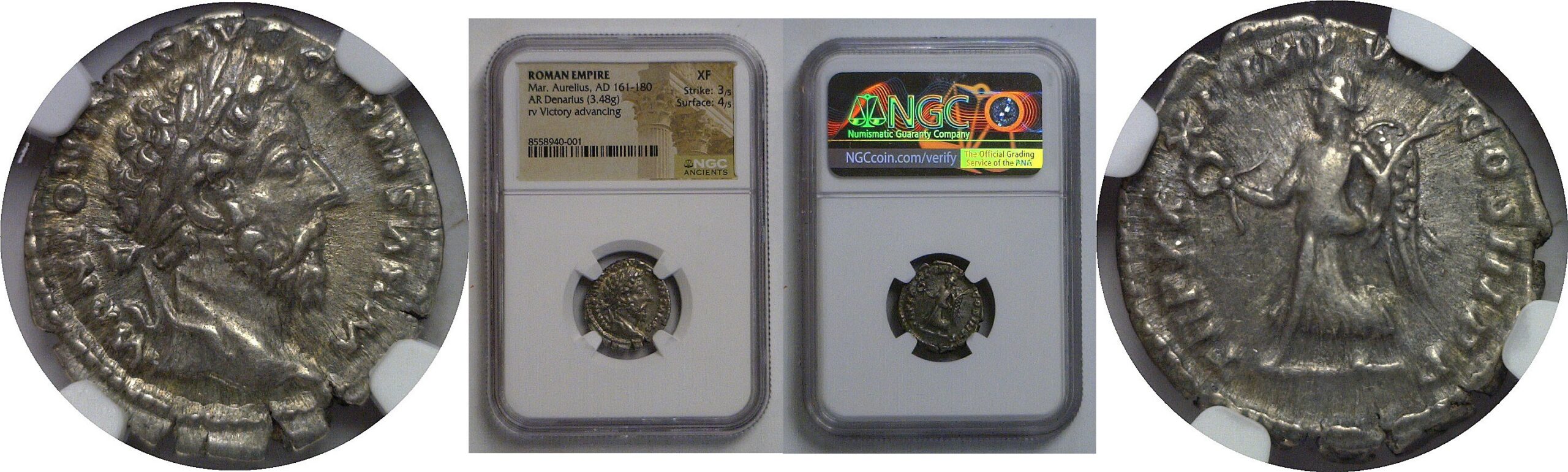 Roman Marcus Aurelius AD 161-180 AR Denarius NGC XF 3/5-4/5