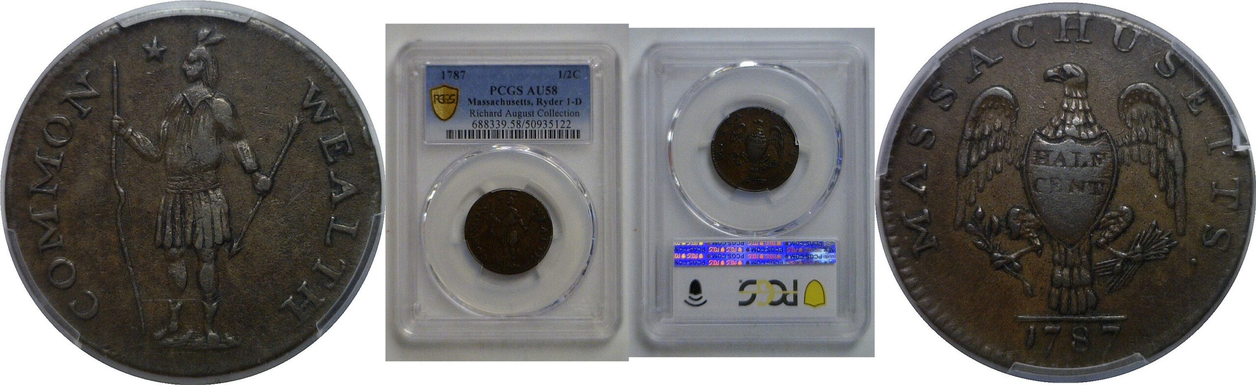 1787 Massachusetts Half Cent   PCGS AU-58