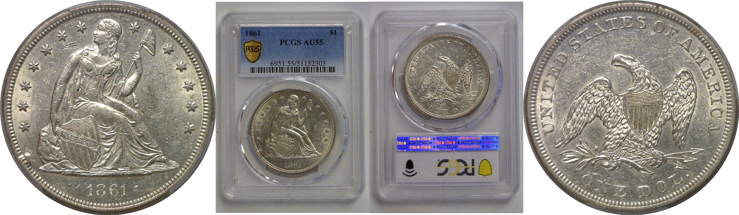 1861 Seated Liberty Dollar   PCGS AU-55